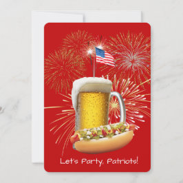 Hot Dog und Bier mit Feuerwerk und Fahne Einladung
