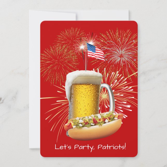 Hot Dog und Bier mit Feuerwerk und Fahne Einladung (Vorderseite)