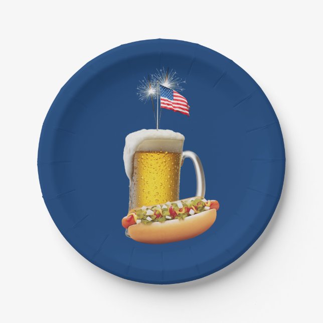 Hot Dog und Bier mit Flagge Pappteller (Vorderseite)