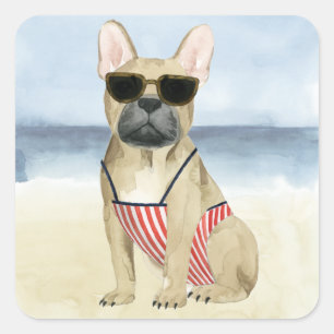 Hot Dog Welpe in Sonnenbrille am Strand Quadratischer Aufkleber