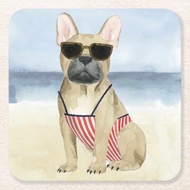Hot Dog | Welpe in Sonnenbrille am Strand Rechteckiger Pappuntersetzer (Vorderseite)