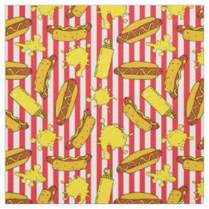 Hot Dogs and Senf on Red White Stripes Ausnehmen Stoff