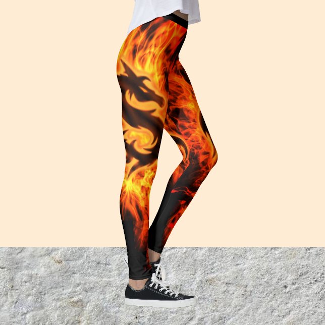 Hot Dragon Feuer Orange Flammen auf Schwarz, Fraue Leggings (Von Creator hochgeladen)