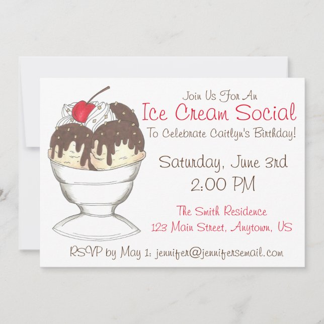 Hot Fudge Sundae Ice Cream Social Birthday Party Einladung (Vorderseite)