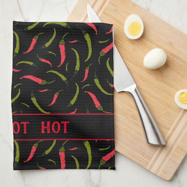HOT HET HOT Chili Paprikaschoten Muster auf Schwar Geschirrtuch (Viertel Falte)