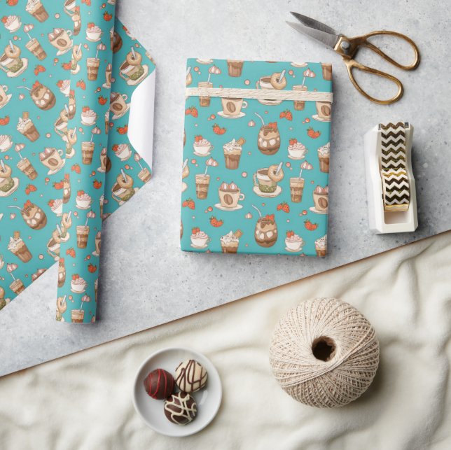 Hot Kakao Winter Drinks Grünes Hintergrundmuster Geschenkpapier (Kunsthandwerk)