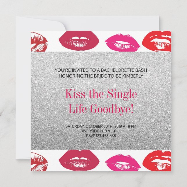 Hot Kisses Silver Modern Chic Junggeselinnen-Absch Einladung (Vorderseite)