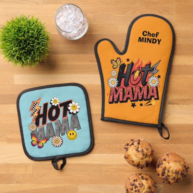 Hot Mama Personalisiert Oven Mitt & Pot Holder Set (Oben Unten)