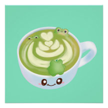 Hot Matcha Green Tee Latte mit Niedlichen Fröschen