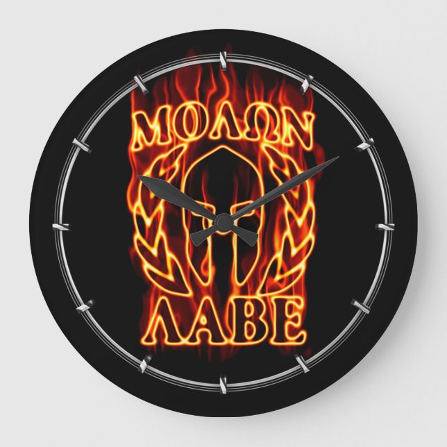 Hot Molon Labe Warrior Mask Laurels on Fire Große Wanduhr (Vorderseite)
