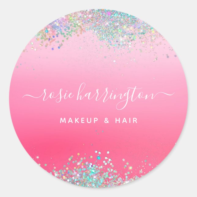 Hot Neon Pink Holographic Glitzer Makeup Artist Runder Aufkleber (Vorderseite)