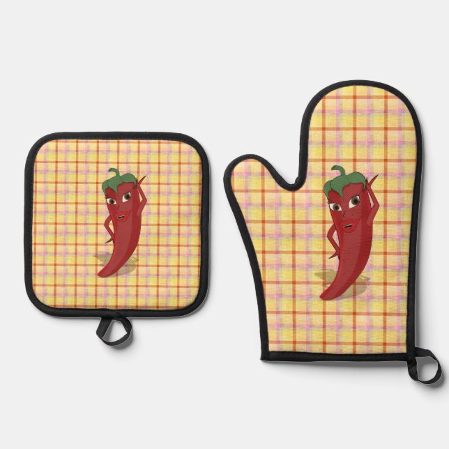 Hot Pepper Diva Gezeichnet kundenspezifisch Karier Ofenhandschuh & Topflappen-Set (Vorderseite)