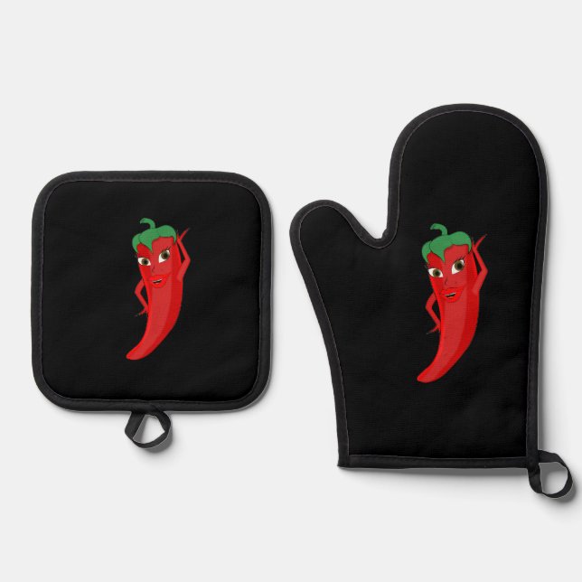 Hot Pepper Diva Zeichne benutzerdefiniert schwarz Ofenhandschuh & Topflappen-Set (Vorderseite)