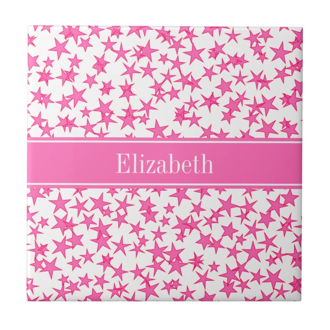 Hot Pink 2 Stars Weiße BG, Hot-Pink-Name Monogramm Fliese (Vorderseite)