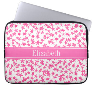Hot Pink 2 Stars Weiße BG, Hot-Pink-Name Monogramm Laptopschutzhülle