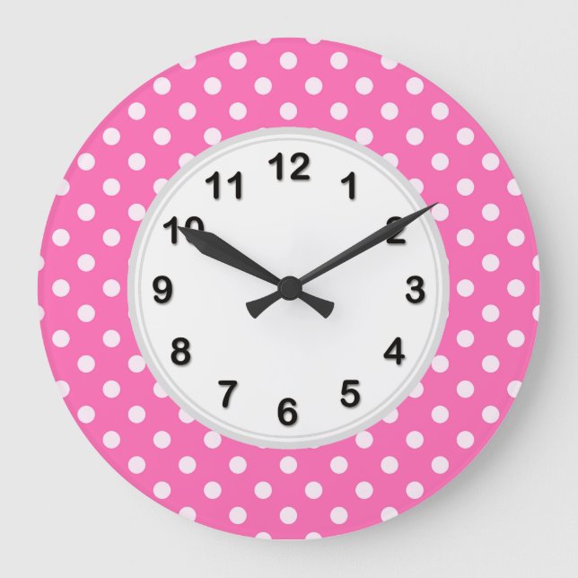 Hot Pink #2 und White Polka Dots Muster Große Wanduhr (Vorderseite)