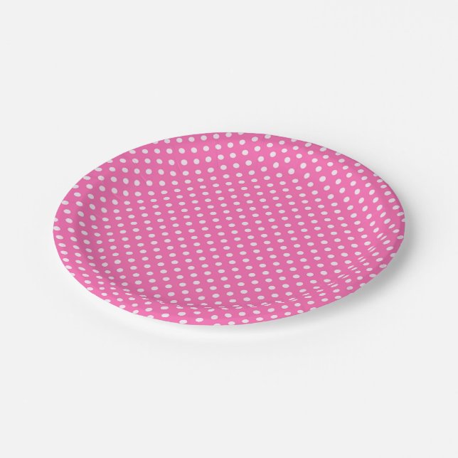 Hot Pink #2 und White Polka Dots Muster Pappteller (Schrägansicht)