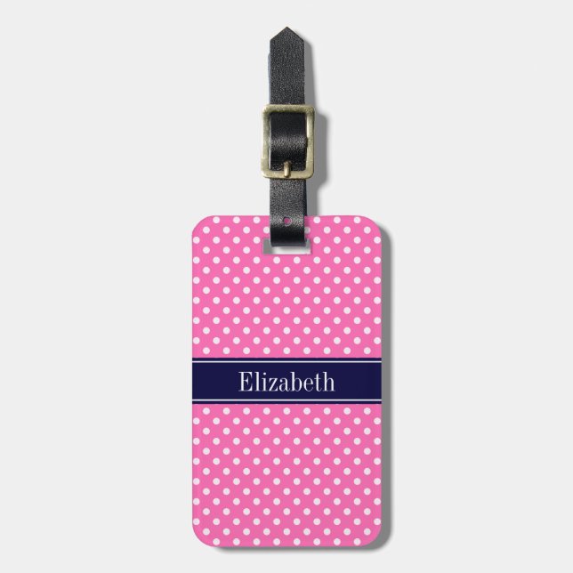 Hot Pink #2 Was Polka Dots Navy Blue Name Monogram Gepäckanhänger (Vorderseite vertikal)