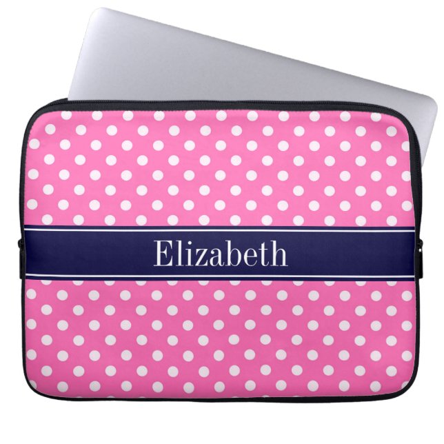 Hot Pink #2 Was Polka Dots Navy Blue Name Monogram Laptopschutzhülle (Vorderseite)