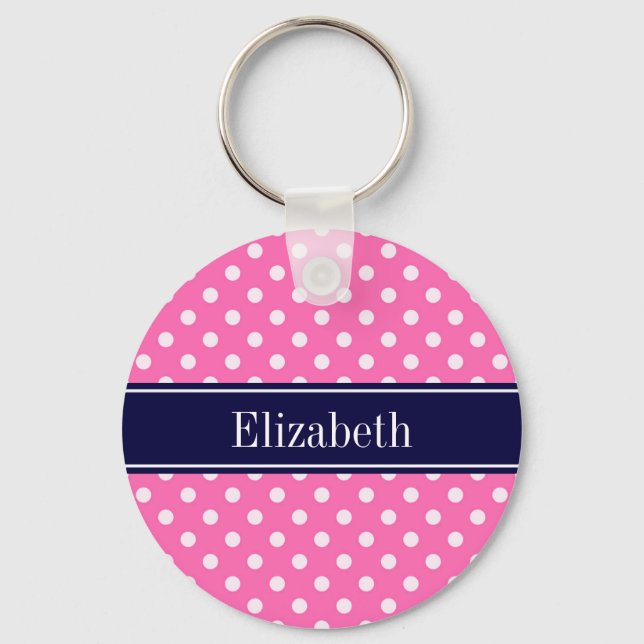Hot Pink #2 Was Polka Dots Navy Blue Name Monogram Schlüsselanhänger (Vorderseite)