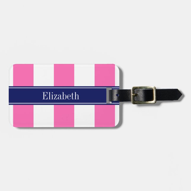 Hot Pink #2 XL Streifen, Navy 5c Name Monogram Gepäckanhänger (Vorderseite horizontal)
