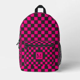 Hot Pink and Black Checkerboard Pattern Monogram Bedruckter Rucksack