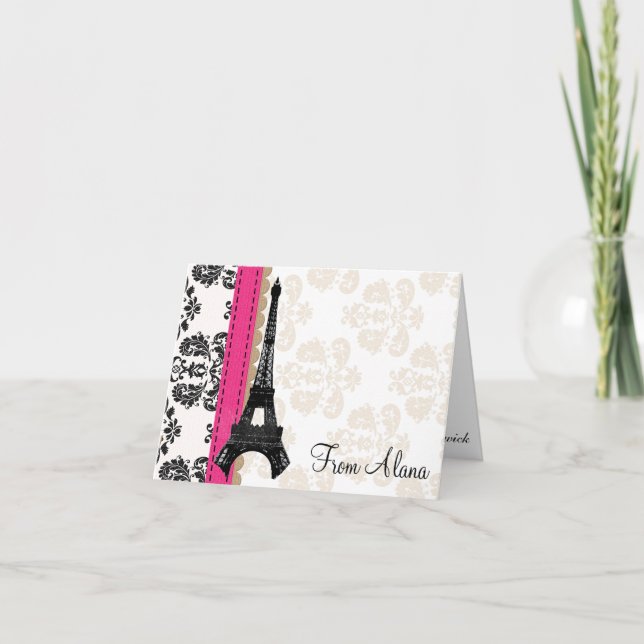 HOT PINK AND BLACK DAMASK EIFFEL TOWER THANK YOU DANKESKARTE (Vorderseite)