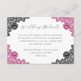 Hot Pink and Black Floral Lace Wedding Details Begleitkarte
