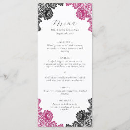 Hot Pink and Black Floral Lace Wedding Menükarte