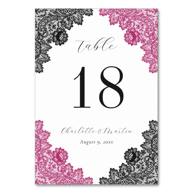 Hot Pink and Black Floral Lace Wedding Tischnummer (Vorderseite)