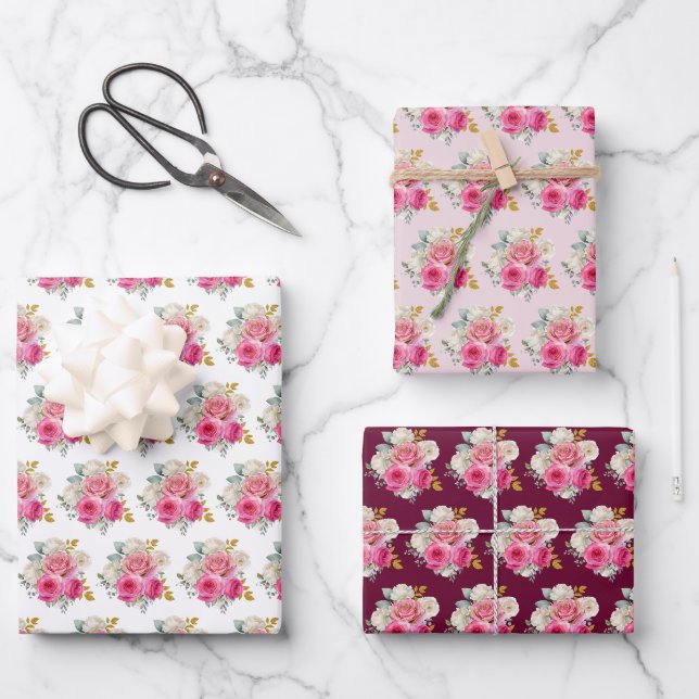Hot Pink and Gold Elegant Flowers Geschenkpapier Set (Vorderseite)