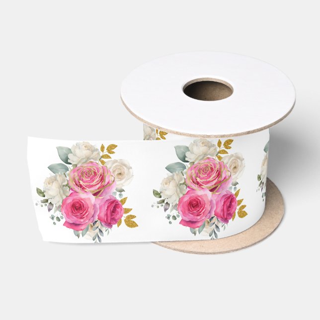 Hot Pink and Gold Elegant Flowers Satinband (Spule)