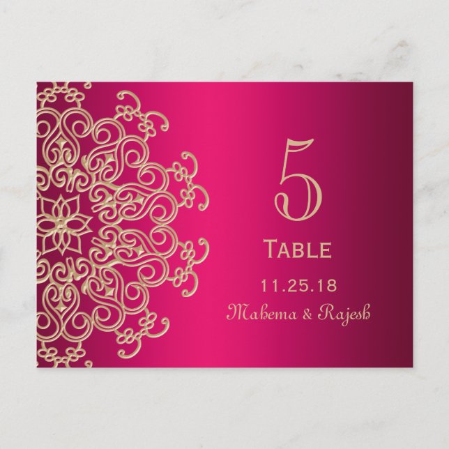 HOT PINK AND GOLD INDIAN WEDDING TABLE NUMBER CARD POSTKARTE (Vorderseite)