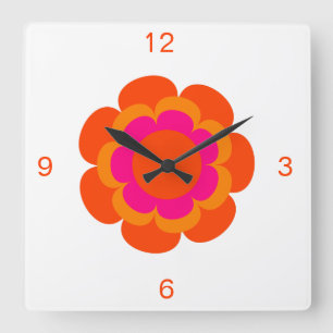 Hot Pink and Orange Flower Round Clock Quadratische Wanduhr
