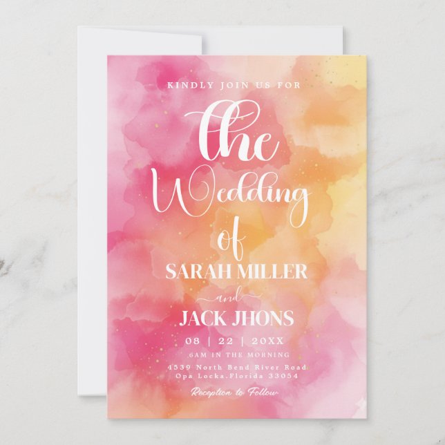  hot Pink and orange Watercolor Wedding Invitation (Devant)