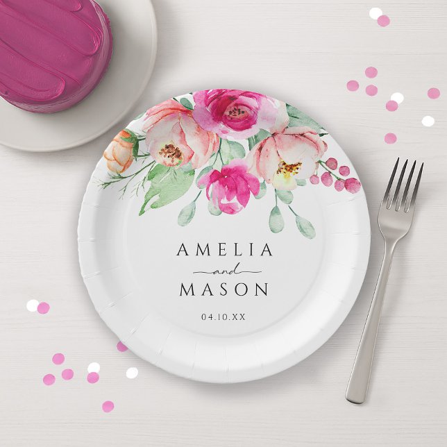 Hot Pink and Peach Watercolor Flowers Wedding  Pappteller (Hot Pink and Peach Watercolor Flowers Wedding Paper Plates)