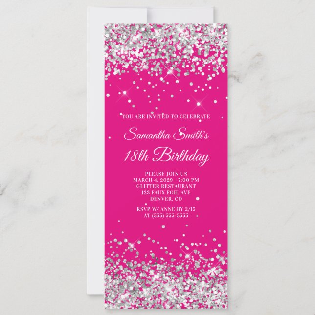 Hot Pink and Silver Glitter 18h Birthday Einladung (Vorderseite)