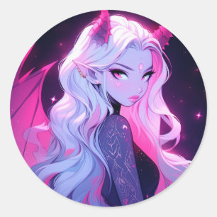 Hot Pink Anime Girl Succubus Koakuma Kleiner Teufe Runder Aufkleber