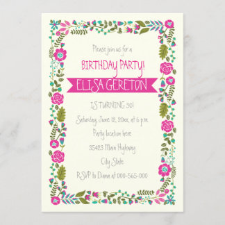 Hot Pink & Aqua Blumengrenzmaus Geburtstagsparty Einladung