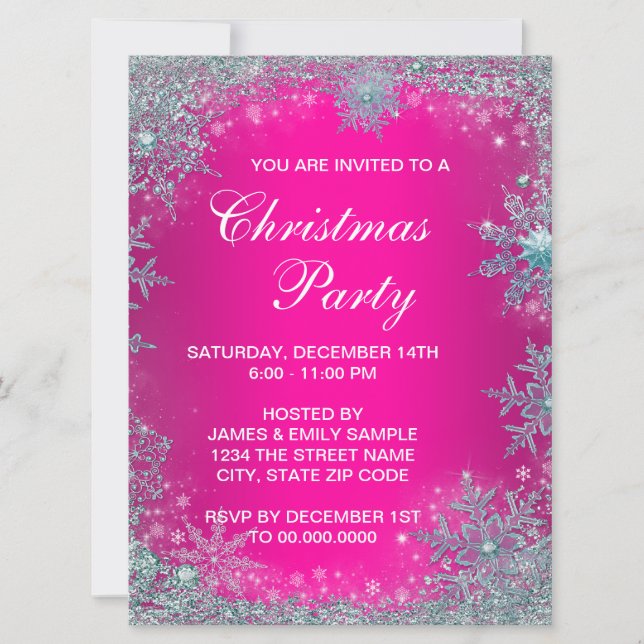Hot Pink Aquamarin Blue Snowflake Weihnachten Part Einladung (Vorderseite)