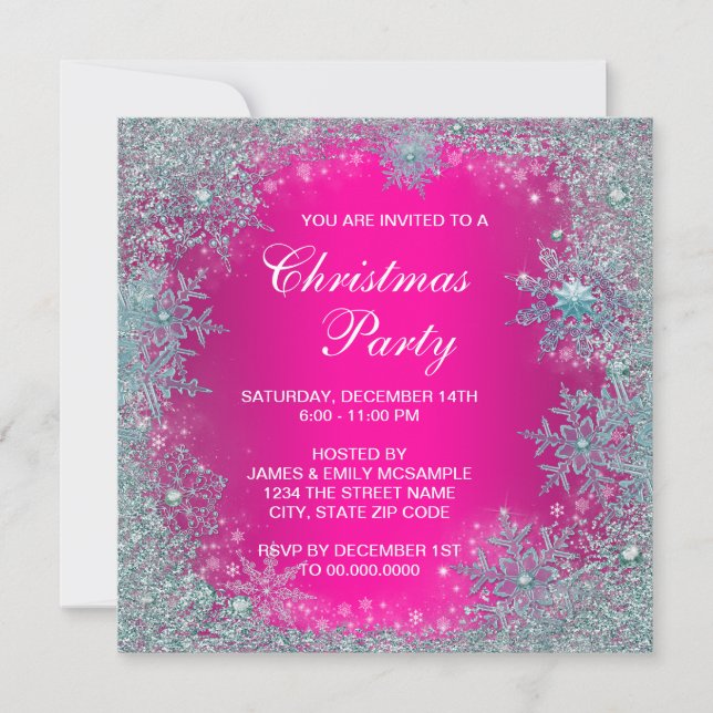 Hot Pink Aquamarin Blue Snowflake Weihnachten Part Einladung (Vorderseite)