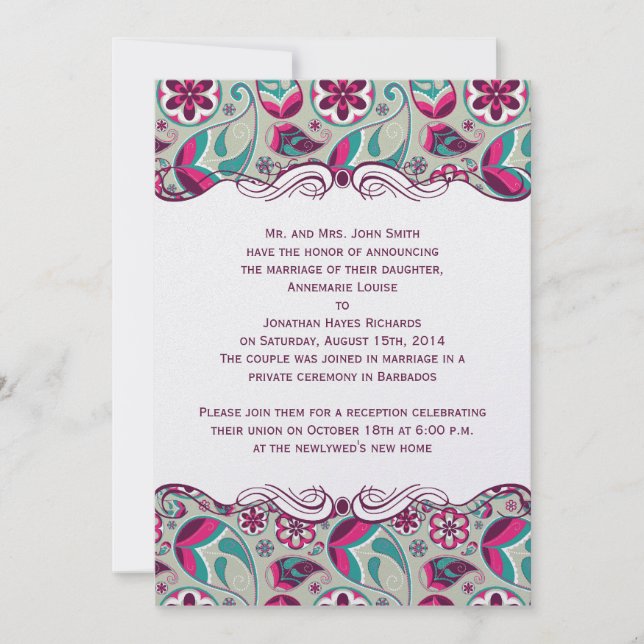 Hot Pink Aquamarin Paisley Post Wedding Einladung (Vorderseite)