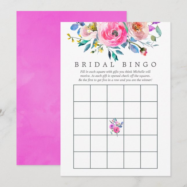 Hot-Pink-Aquarell-Brautparty Bingo Einladung (Vorne/Hinten)