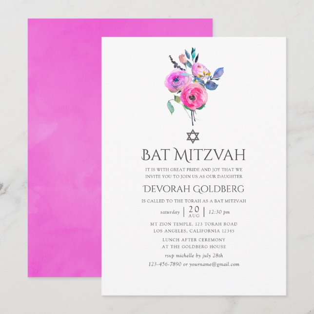 Hot-Pink-Aquarellbäder Mitzvah Einladung (Vorne/Hinten)