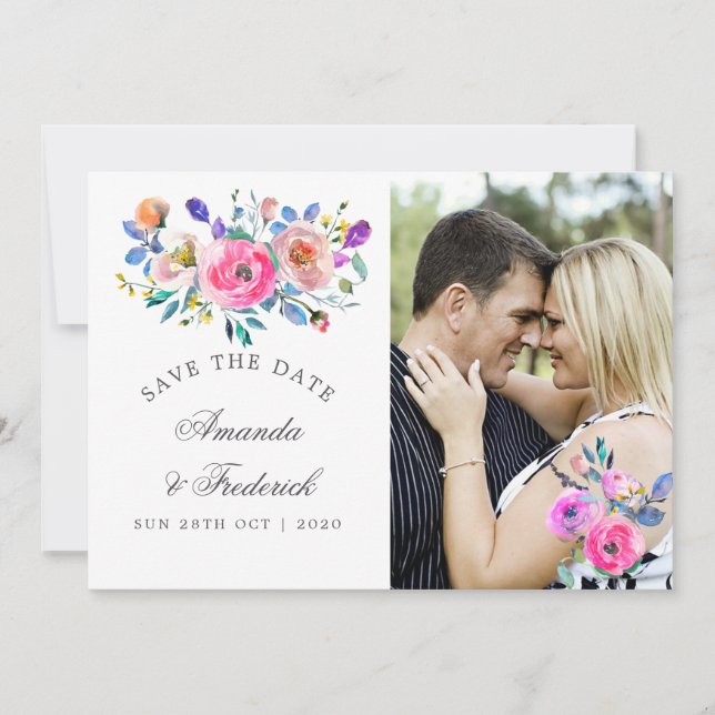 Hot-Pink-Aquarellblume Hochzeit Sichern Sie das Da Save The Date (Vorderseite)