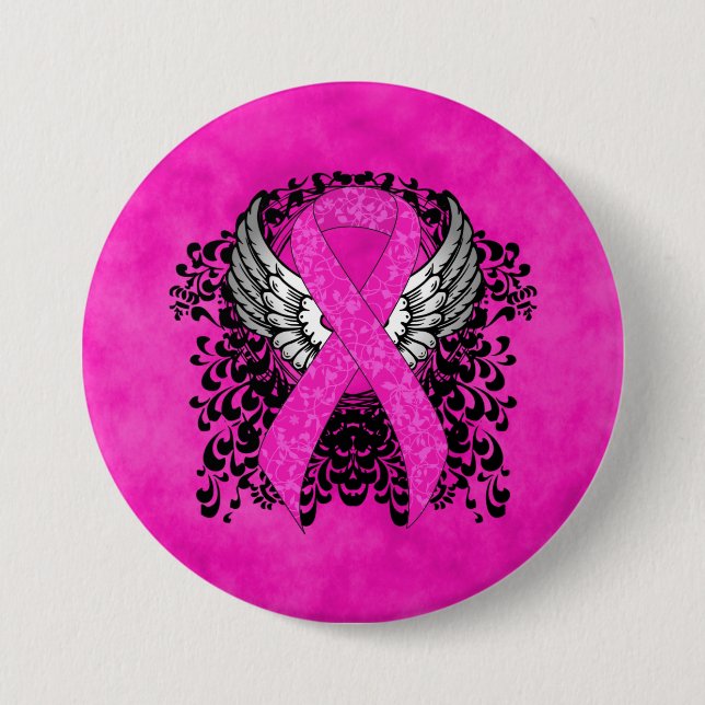 Hot Pink Awareness Ribbon mit Flügeln Button (Vorderseite)
