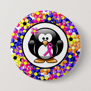 Hot Pink Awareness Ribbon Penguin Button