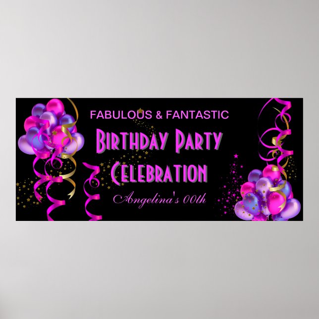 HOT PINK Banner Geburtstagsfeier Black Poster (Vorne)