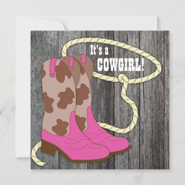 Hot Pink Barn Wood Cowgirl Kinderdusche Einladung (Vorderseite)
