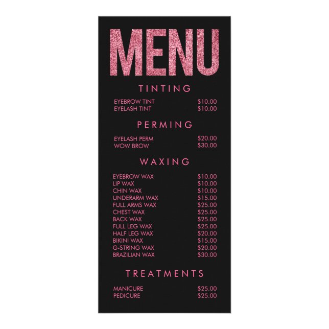 Hot Pink Beauty Salon Beauticier Menu Prix (Devant)